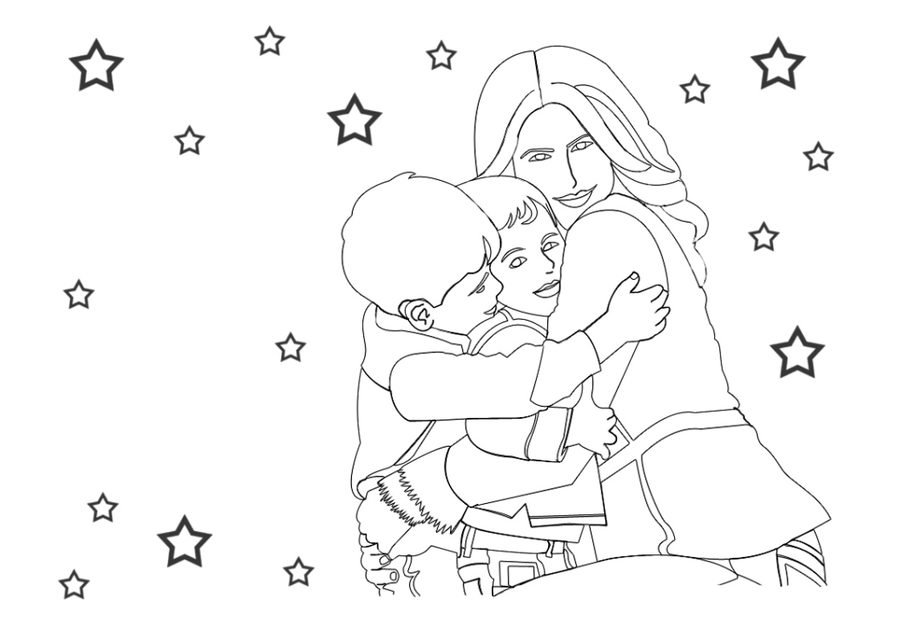 Online coloring book: Coloring page boys hug their mother